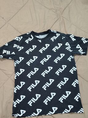 Fila Black Short-Sleeve Tee with White All-Over Logo Print
